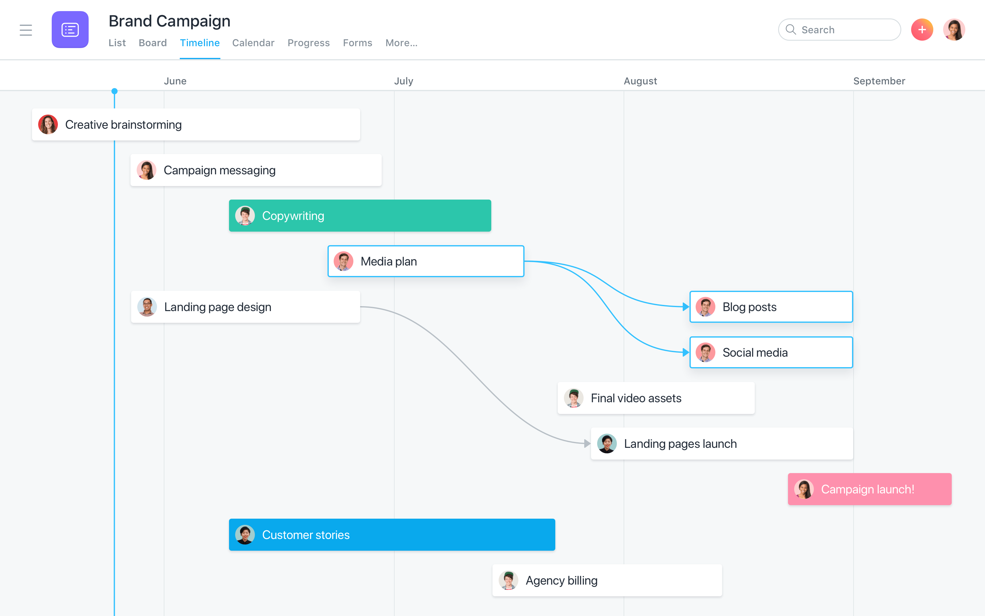 Asana Gantt charts help you organize marketing campaigns from planning to publication.